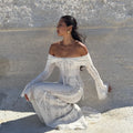 Women's Elegant Lace Up Flared Sleeve Long Dress Fashion Hollow Out Off Shoulder Bodycon Vestidos 2024 Lady New Beach Partywear