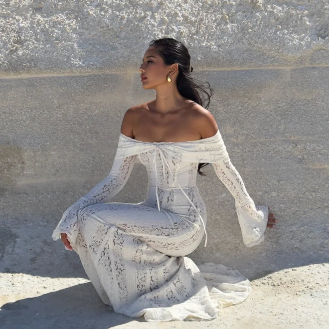 Women's Elegant Lace Up Flared Sleeve Long Dress Fashion Hollow Out Off Shoulder Bodycon Vestidos 2024 Lady New Beach Partywear
