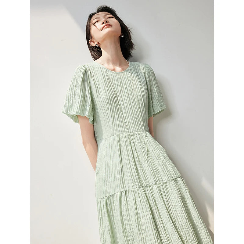 Vestido Midi Plissado com Manga Bufante