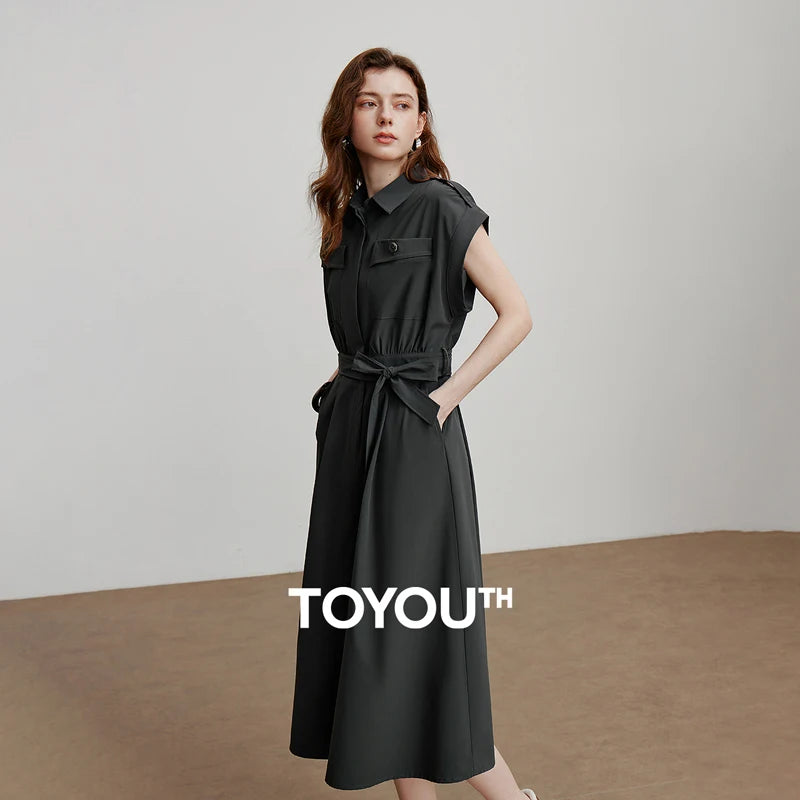 Vestido Chemise Midi com Cinto e Gola Polo