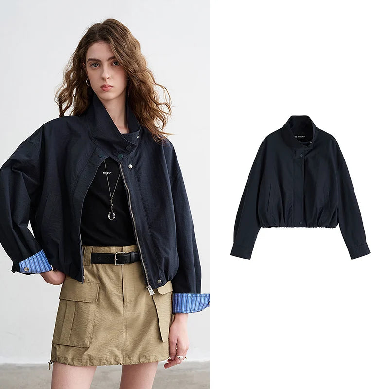 Jaqueta Feminina Cropped de Algodão com Gola Alta Dark Blue
