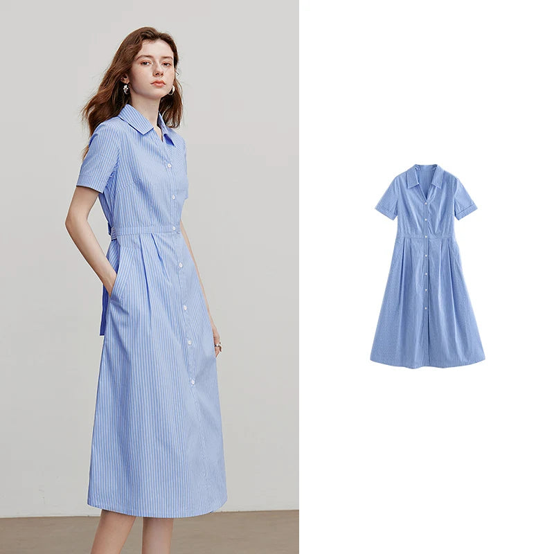 Vestido Chemise Midi Listrado Azul e Branco