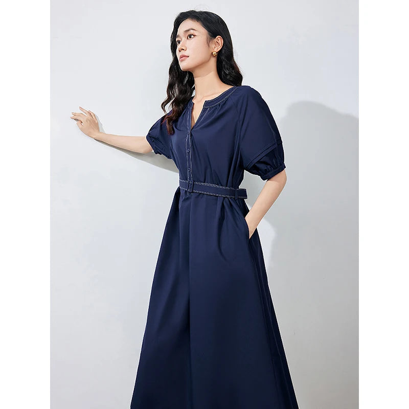 Vestido Midi com Decote V e Manga Bufante