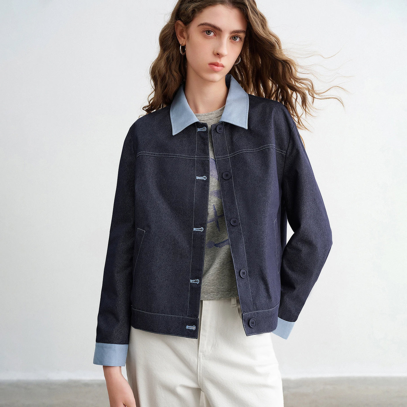 Jaqueta Feminina Efeito Jeans Patchwork Duas Peças