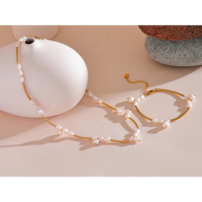 Yhpup Natural Freshwater Pearls Stainless Steel Pipe Handmade Necklace Bracelet Gold Color PVD Plated Fashion Jewelry Bijoux