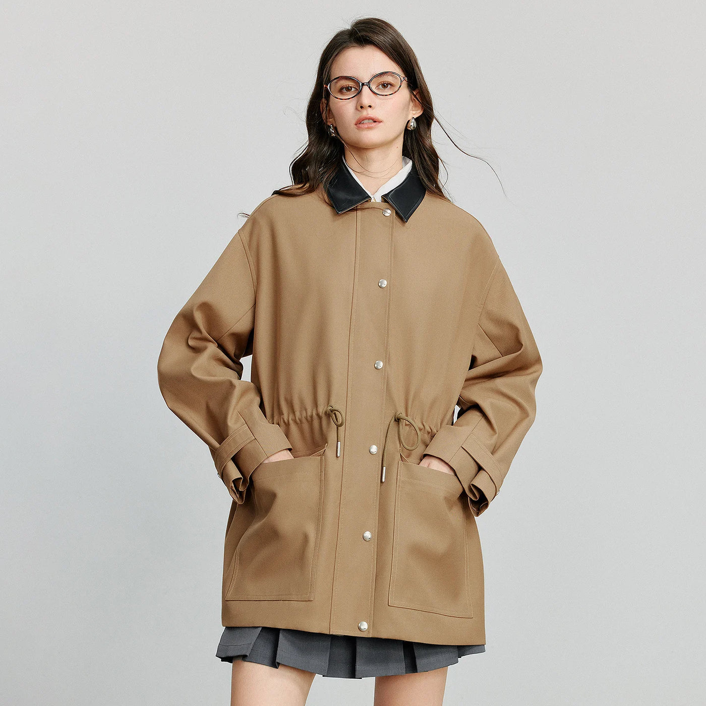 Trench Coat Feminino Midi Patchwork Estilo Workwear