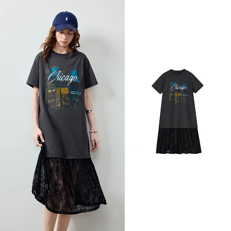 Vestido Camiseta Midi com Renda e Recortes