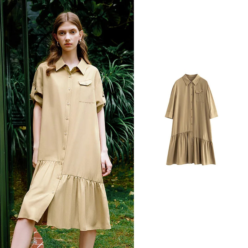 Vestido Chemise Curto em Liocel com Bolsos