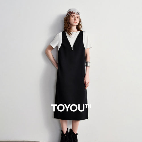 Vestido Midi Bicolor com Decote V e Zíper