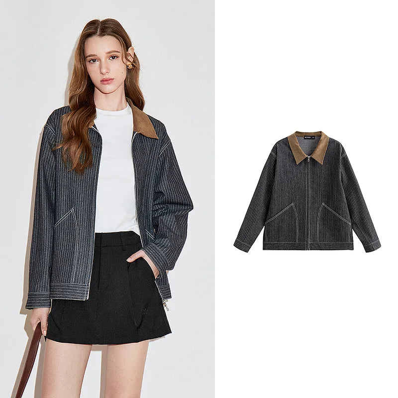 Jaqueta Feminina Listrada Estilo Barn com Gola Lapela Dark Gray