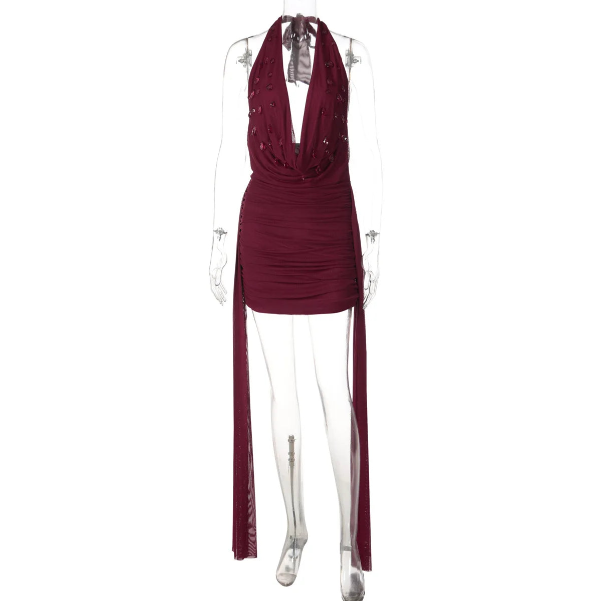 Vestido Curto Feminino Frente Única com Pedraria Burgundy