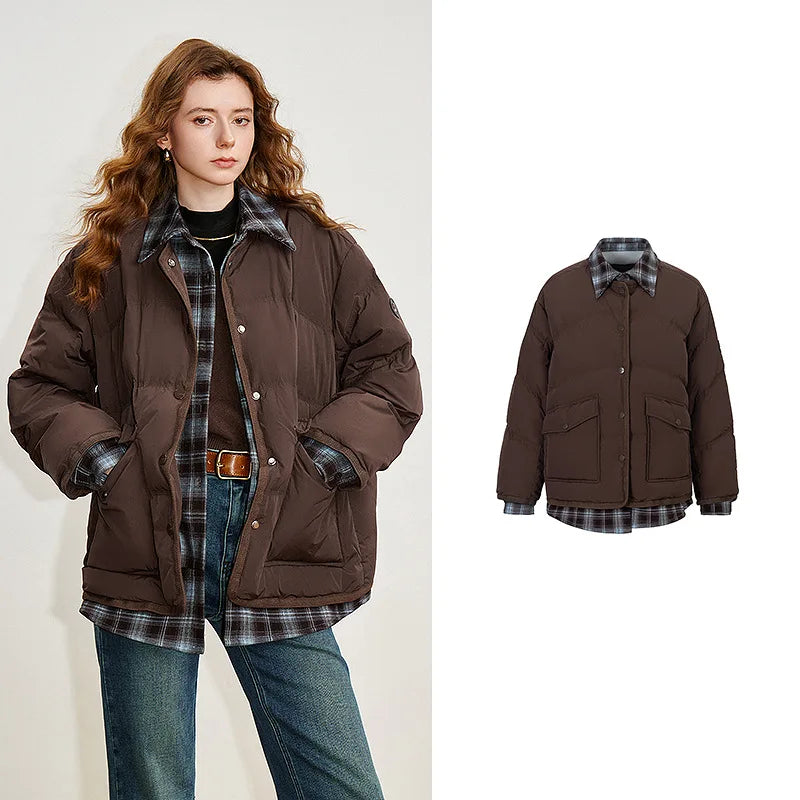 Jaqueta Puffer Feminina 90% Plumas Efeito Duas Peças brown