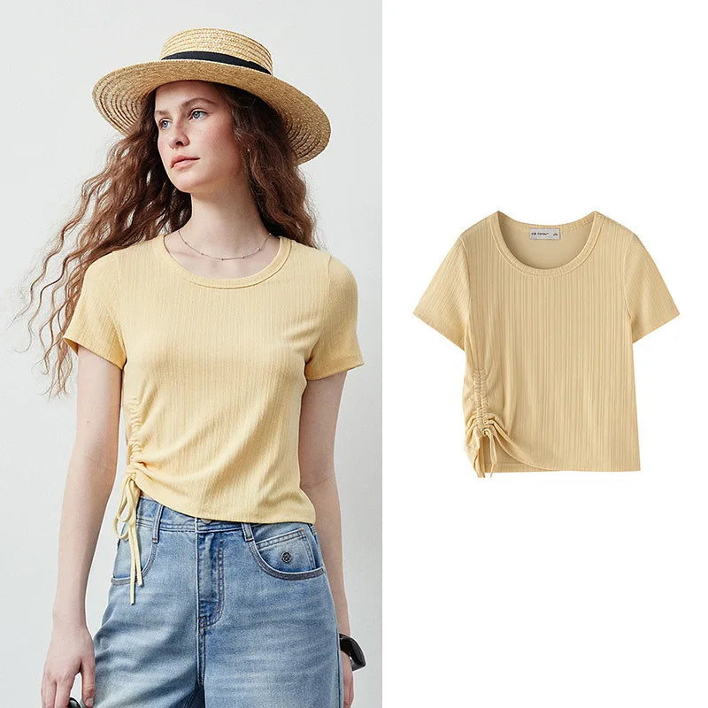 Camiseta Feminina Listrada Texturizada com Franzidos