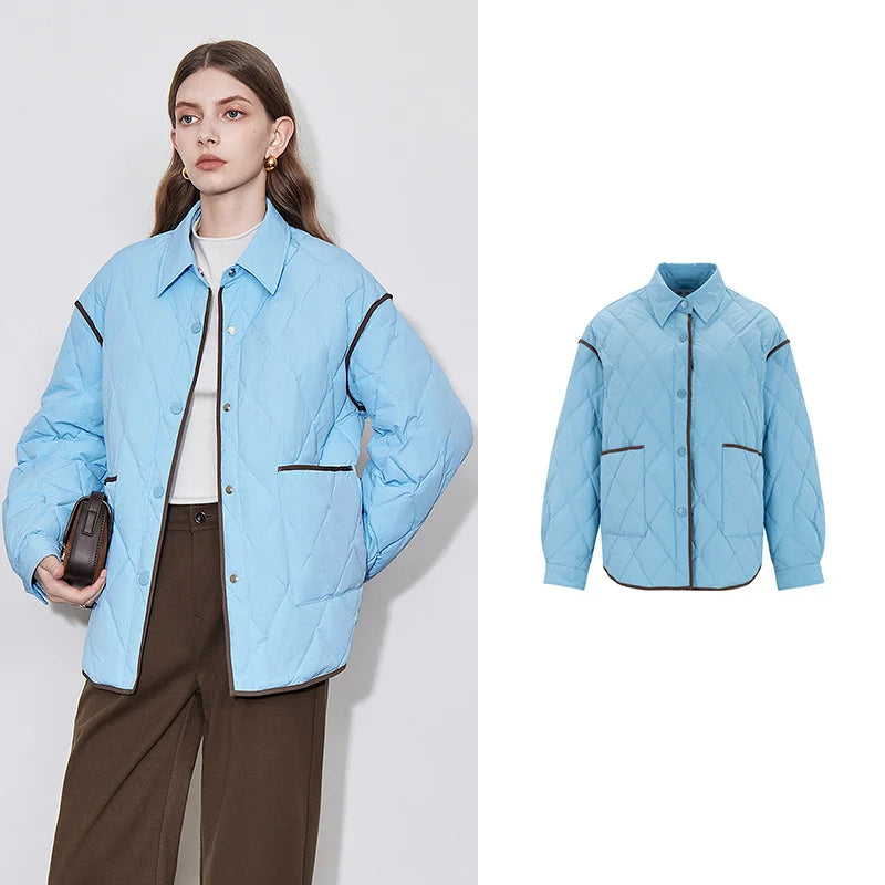 Jaqueta Puffer Feminina Leve 90% Plumas com Gola Lapela Sky Blue
