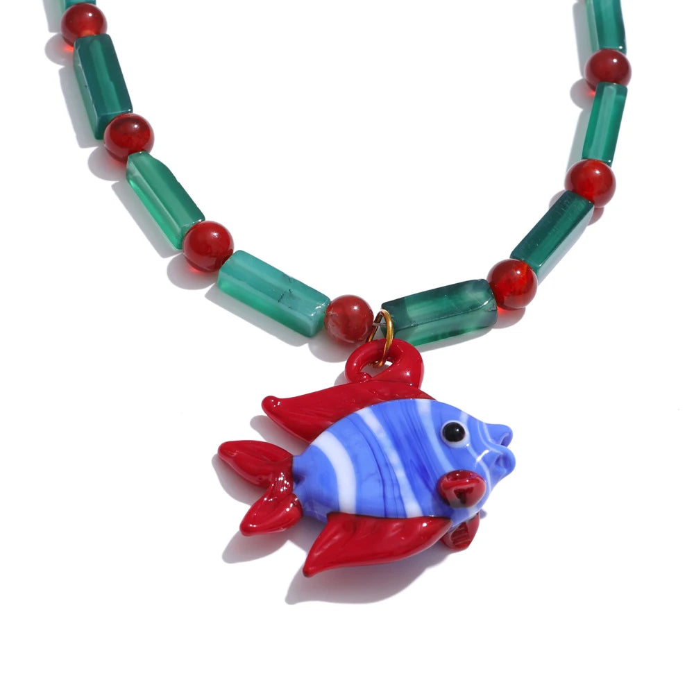 Yhpup Ocean Style Glazed Sea Lion Fish Pendant Necklace High Quality Natural Stone Chain Handmade Jewellery Waterproof Gift YH688A Fish