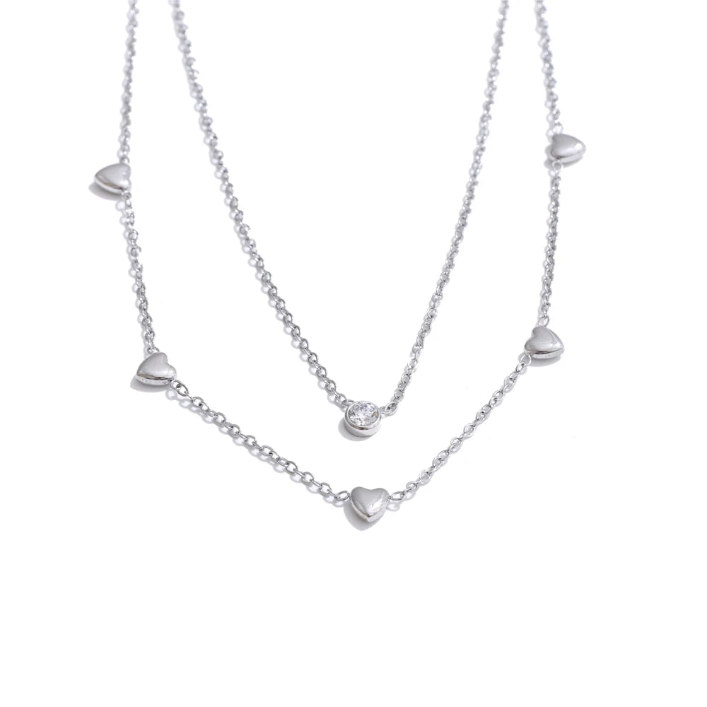 Colar Feminino de Camadas Coração com Zircônia em Aço Inoxidável Prata