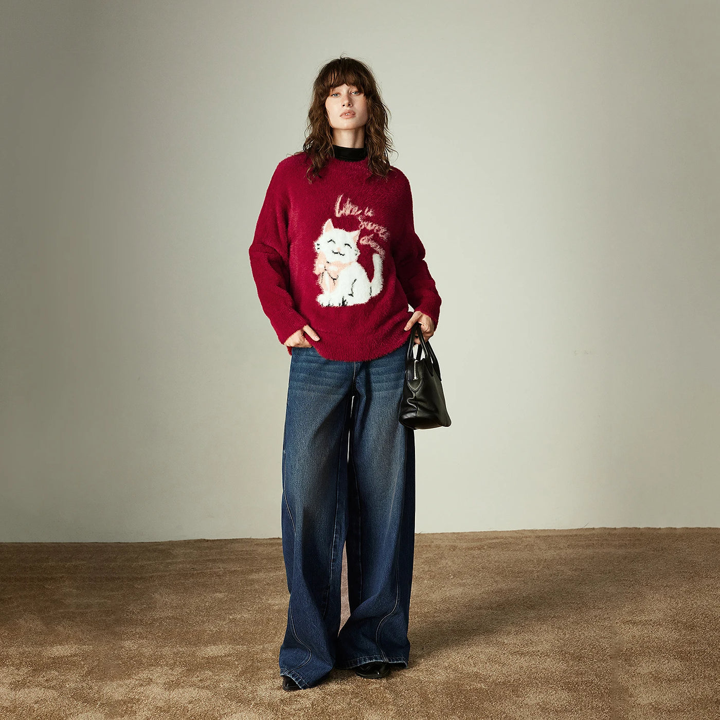 Suéter Vermelho Peluciado com Jacquard de Gato