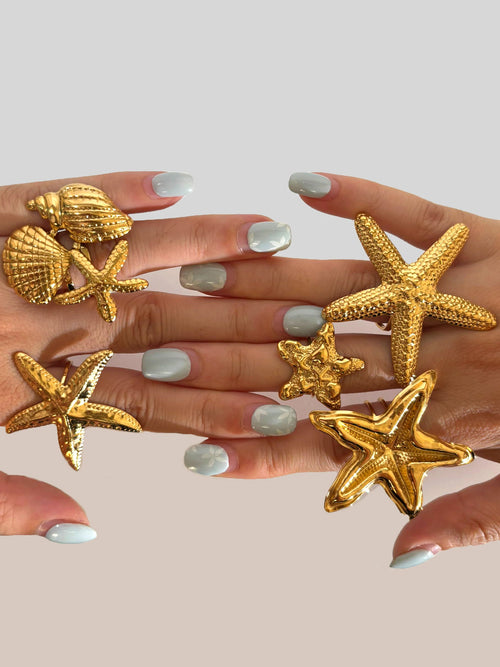 Anel Aberto Estrela-do-Mar e Concha com Banho Ouro 18K