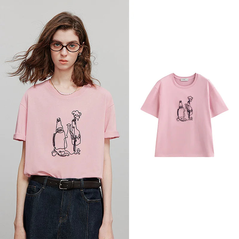 Camiseta Feminina Casual com Bordado Cartoon