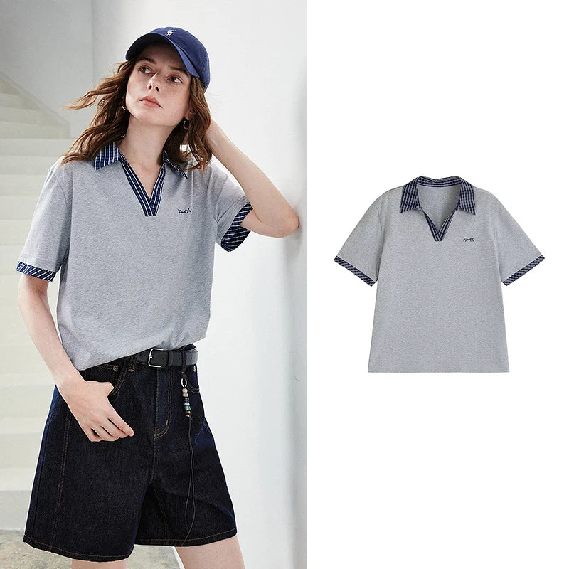 Camiseta Polo Feminina de Algodão Antibacteriano Xadrez