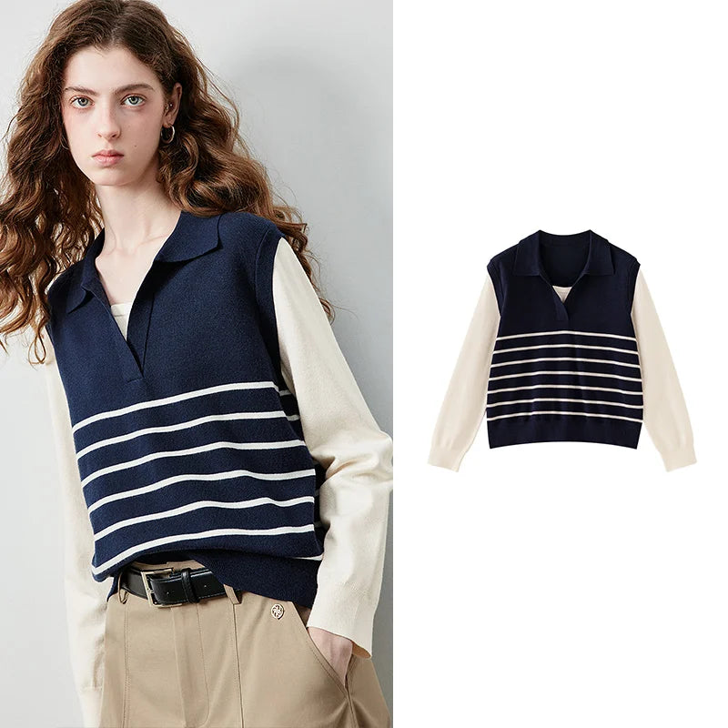 Blusa Feminina de Tricô Listrada Efeito Duas Peças