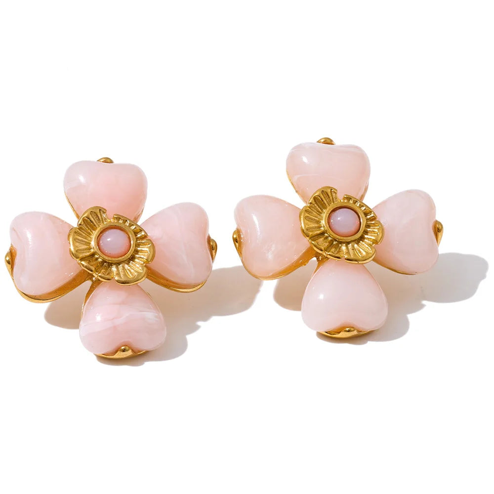 Yhpup Acrylic Fashion Flower Pendant Necklace Adjustable Ring Earrings Set 2025 Stainless Steel Trendy Jewelry Gift Multi-color Earrings Pink