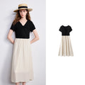 Vestido Midi Bicolor com Decote V e Efeito Duas Peças Black Apricot