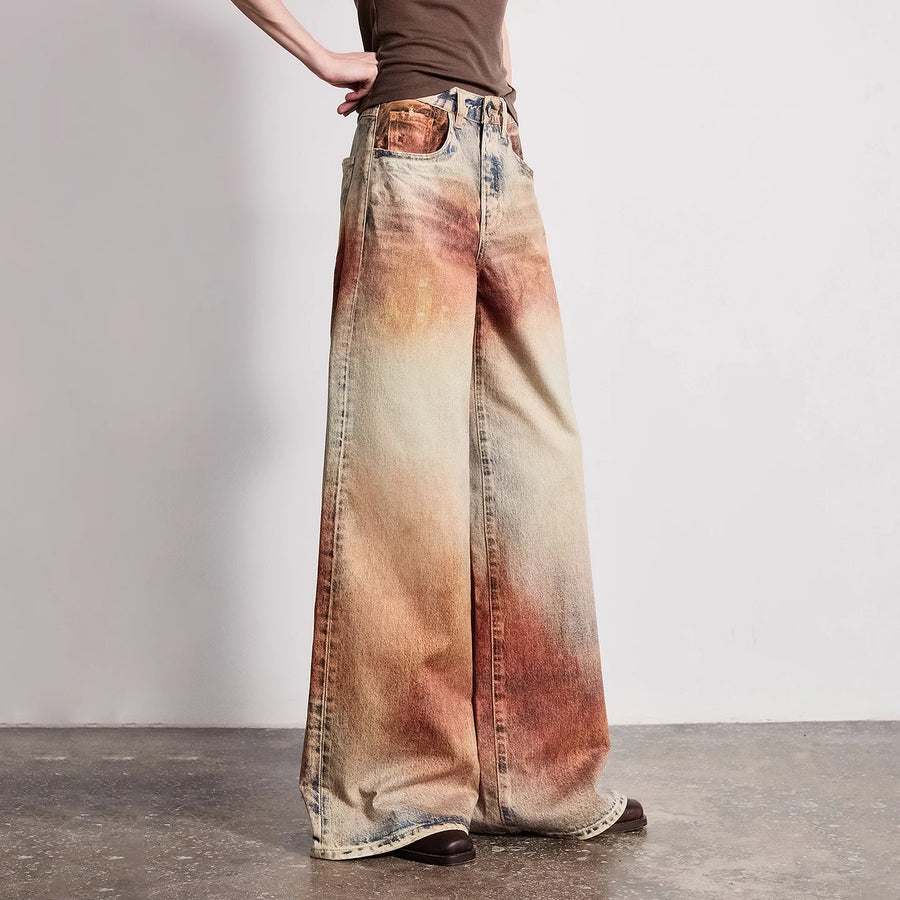 Calça Jeans Feminina Wide Leg Estampada Cintura Baixa