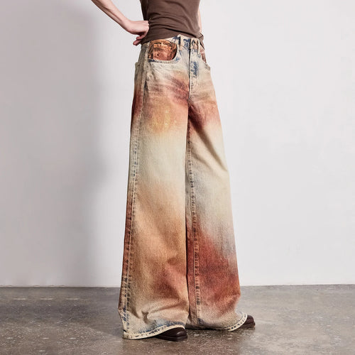 Calça Jeans Feminina Wide Leg Estampada Cintura Baixa