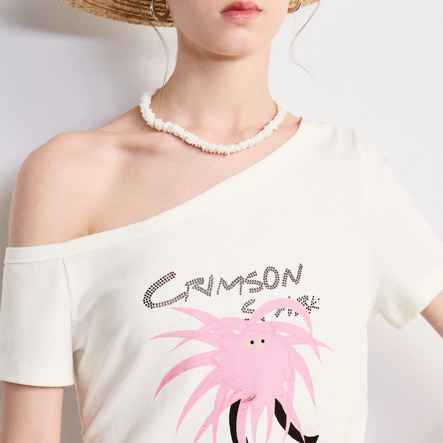 Camiseta Feminina Assimétrica Ombro a Ombro Estampada