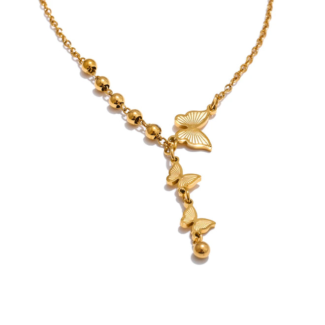 Yhpup Stainless Steel Butterfly Popular Necklace Pendant 18K Gold Color Plated Beads Chain Fashion Collar Jewelry YH5531A