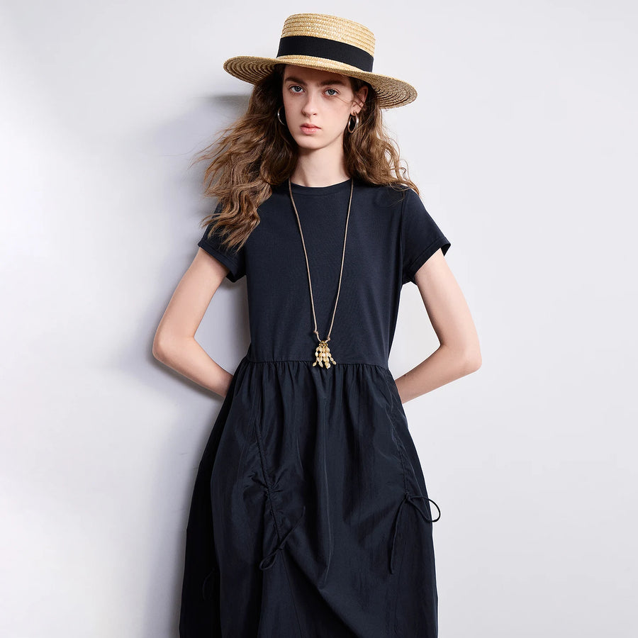 Vestido Midi de Liocel e Algodão com Recortes