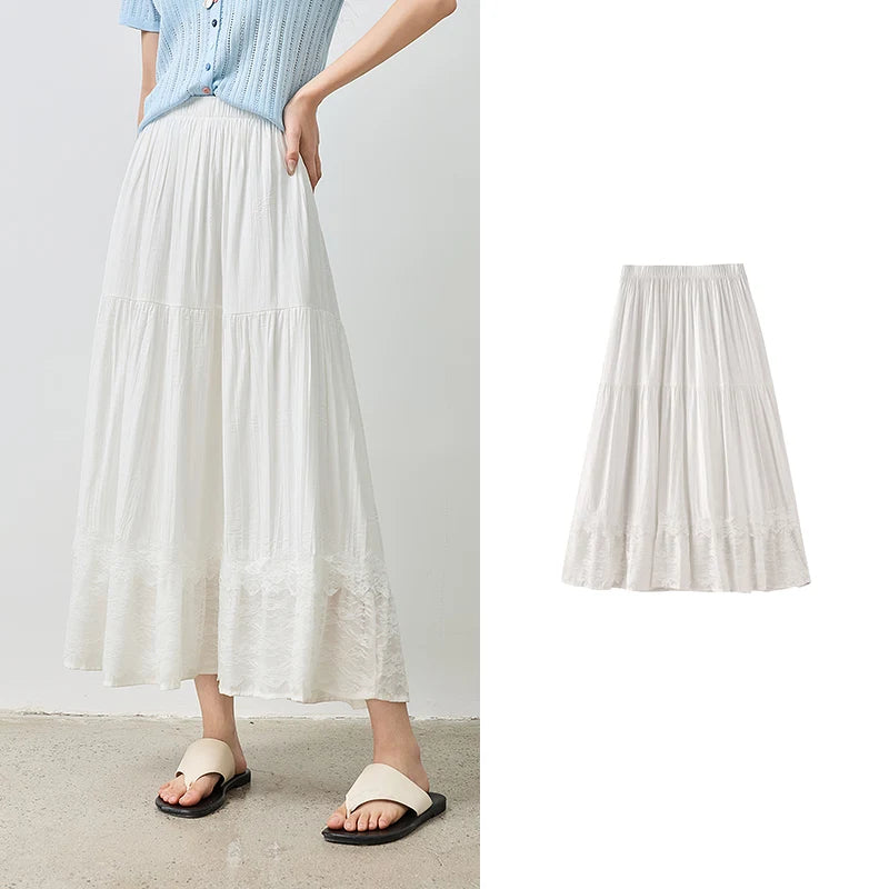 Saia Midi Feminina com Renda Patchwork Texturizada
