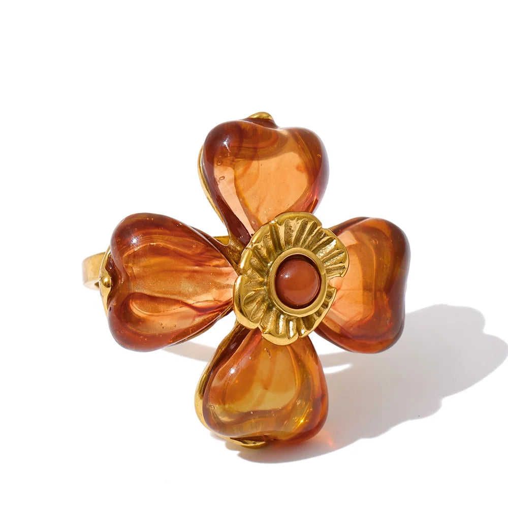 Yhpup Acrylic Fashion Flower Pendant Necklace Adjustable Ring Earrings Set 2025 Stainless Steel Trendy Jewelry Gift Multi-color Ring Amber