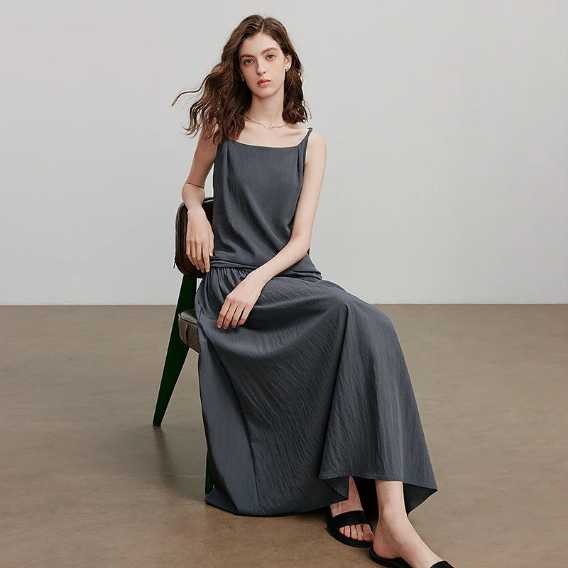 Vestido Midi de Viscose com Decote Quadrado e Pregas