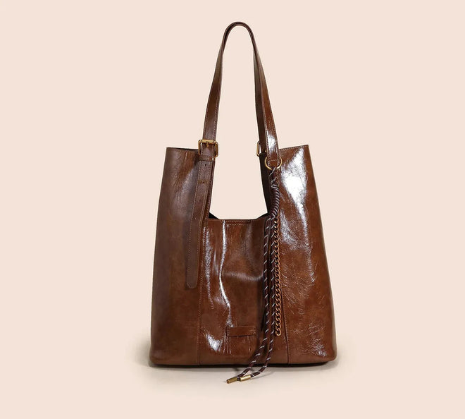 Bolsa Feminina de Couro Legítimo Grande Formato Bucket Vintage para Ombro