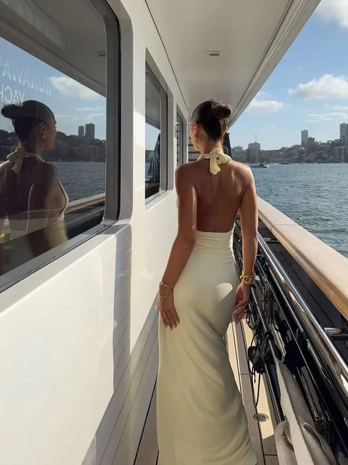 Elegant Women's Halter Curvy Long Dress V Neck Lace-up Backless Maxi Dresses Evening Wedding Guest Holiday Summer Yellow White