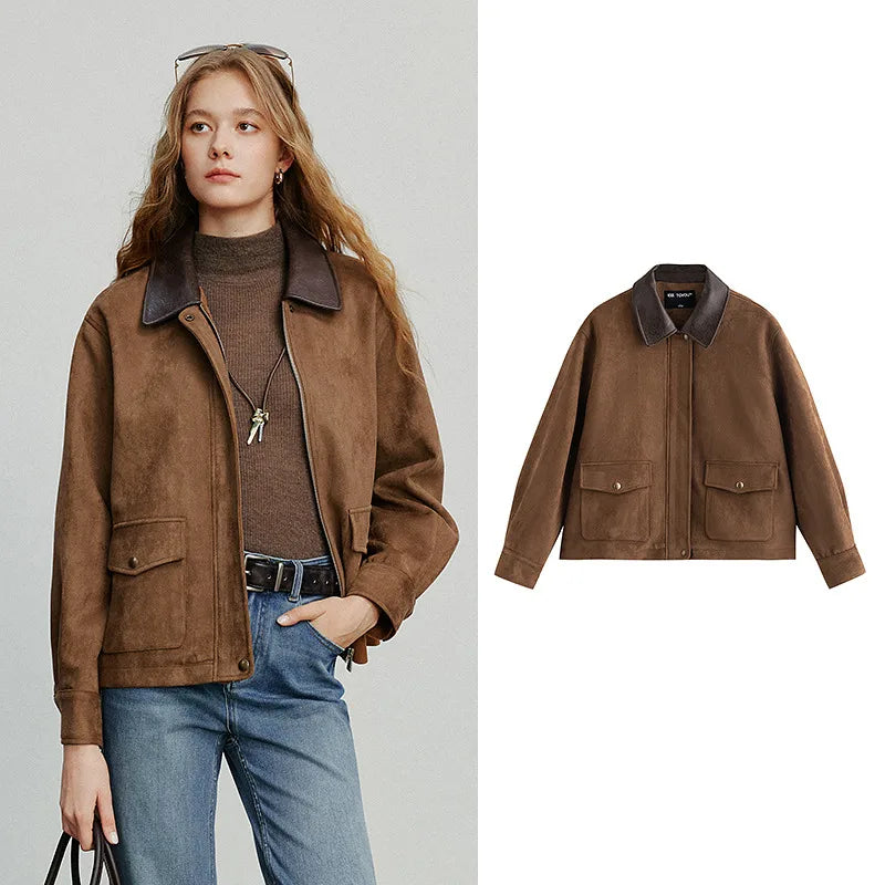 Jaqueta Feminina de Suede Marrom Estilo Barn com Recortes brown