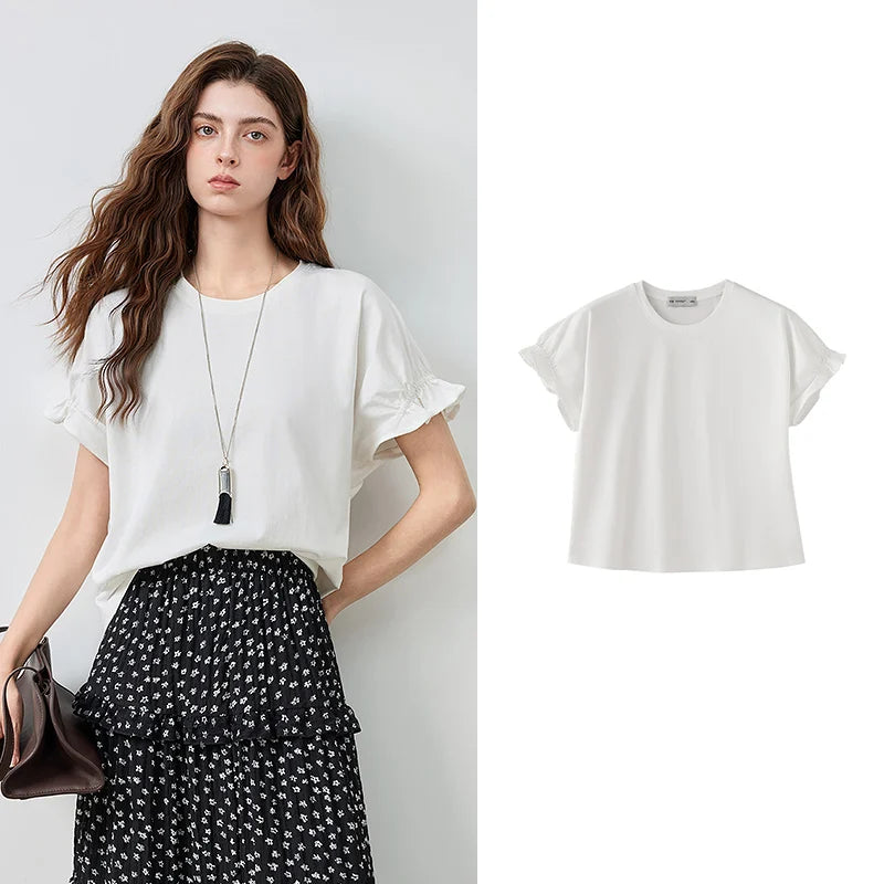 Camiseta Feminina de Algodão com Mangas Babado