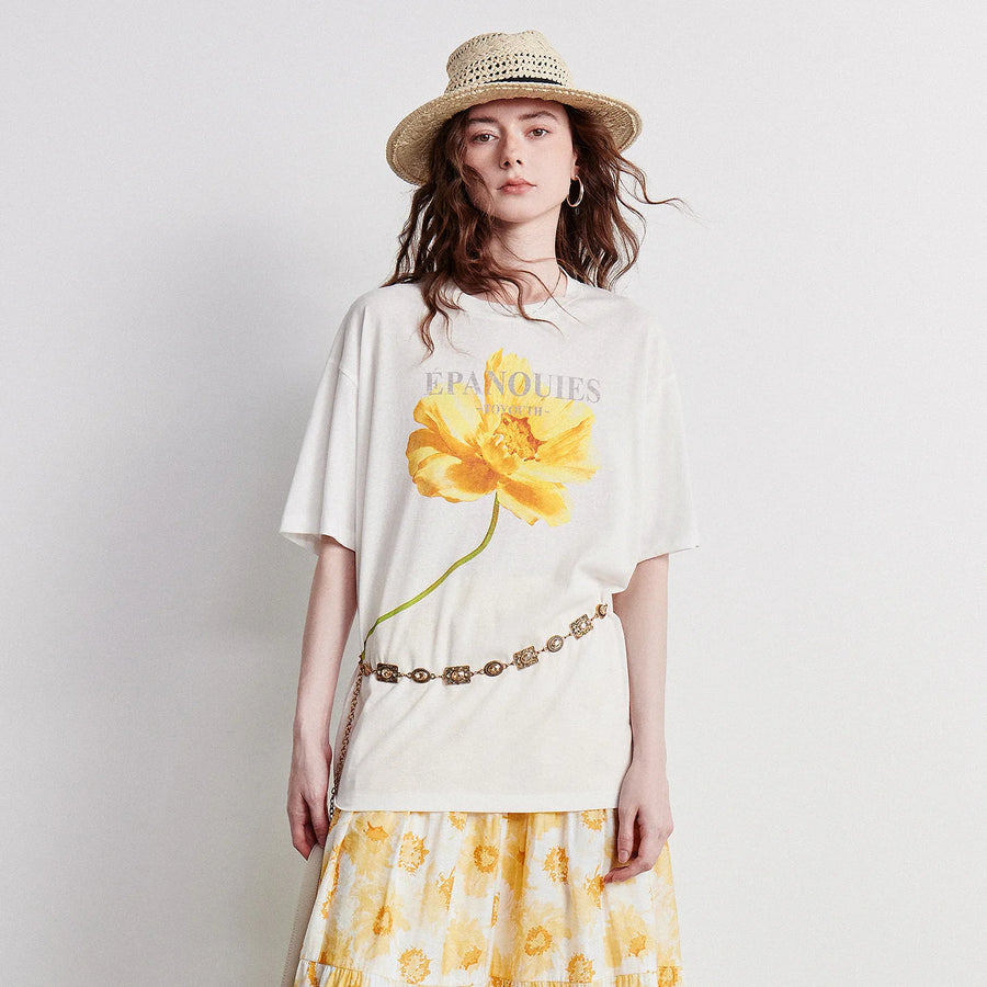 Camiseta Feminina de Linho com Estampa Floral Artística