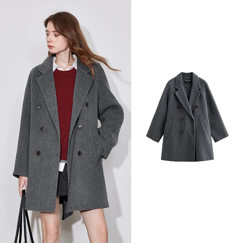 Casaco Feminino de Lã com Abotoamento Duplo Dark Gray