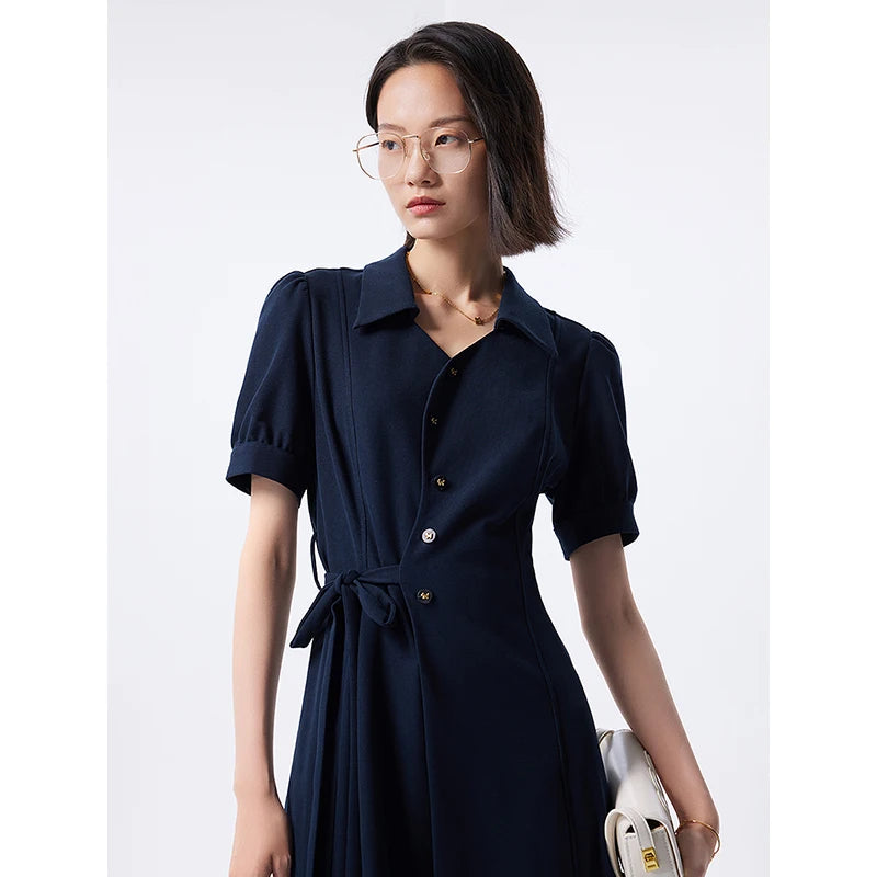 Vestido Chemise Midi Azul-Marinho com Cinto