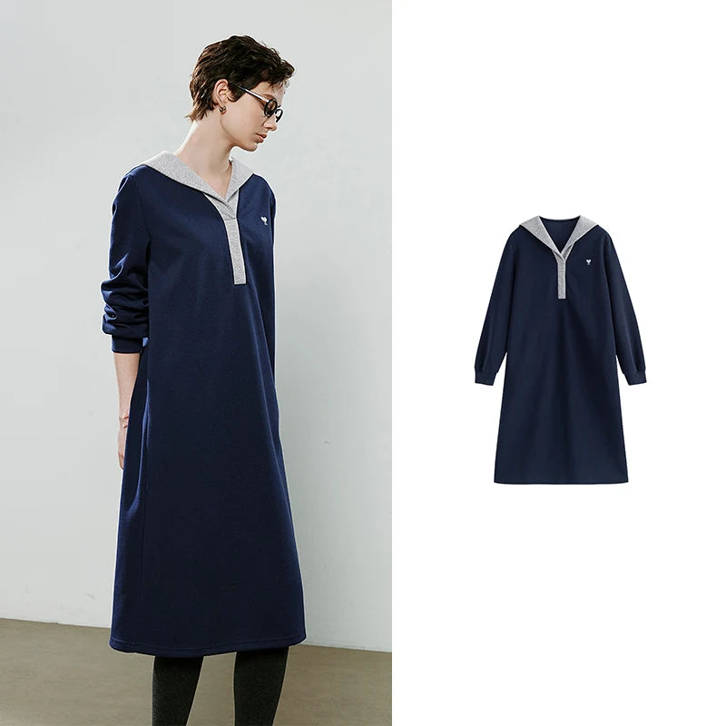 Vestido Moletom Midi com Gola Marinheiro e Bordado navy blue