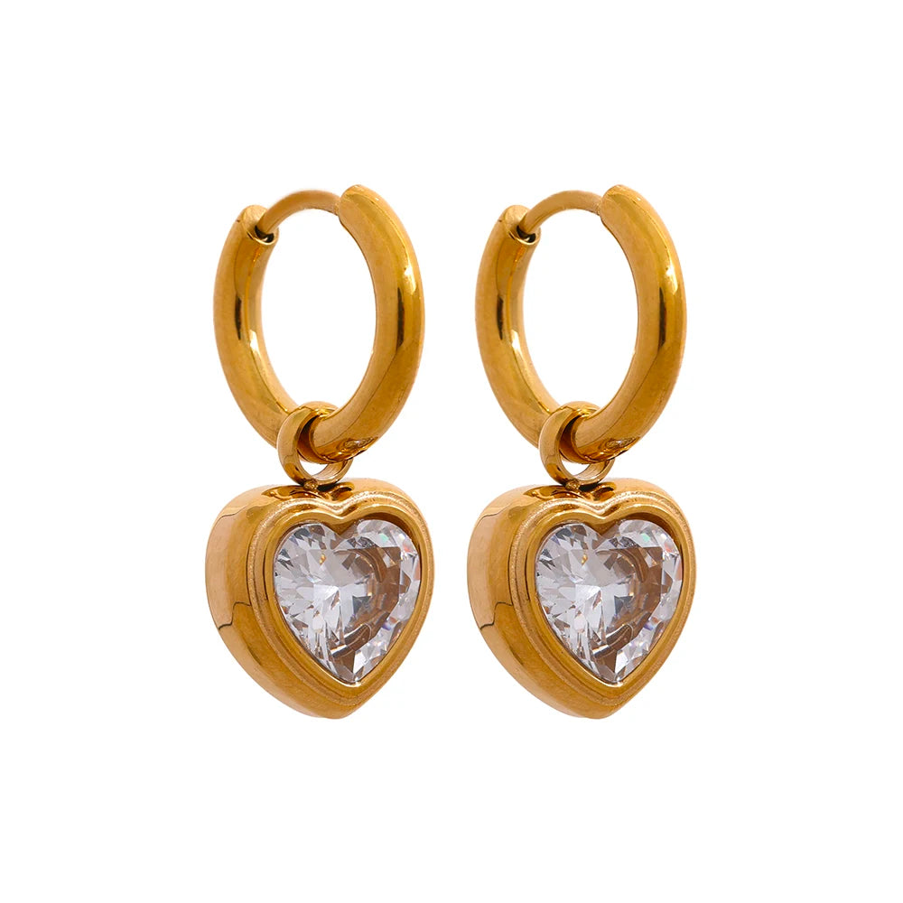 Yhpup Sweet Heart Drop Stainless Steel Cubic Zirconia Hoop Earrings for Women High Quality 18K Gold Color Plated Fashion Jewelry