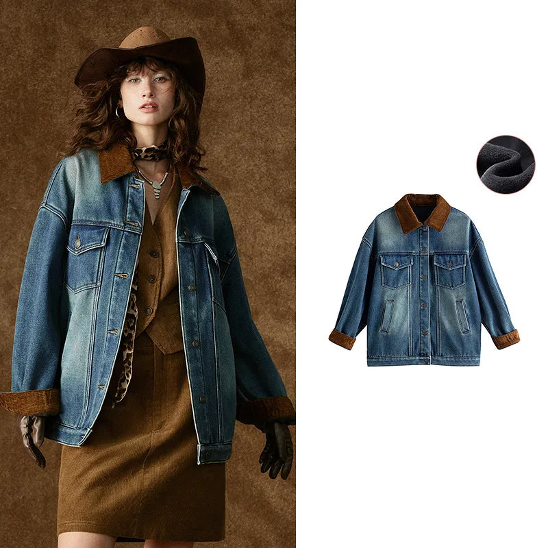 Jaqueta Jeans Feminina Forrada com Fleece e Gola Lapela Blue