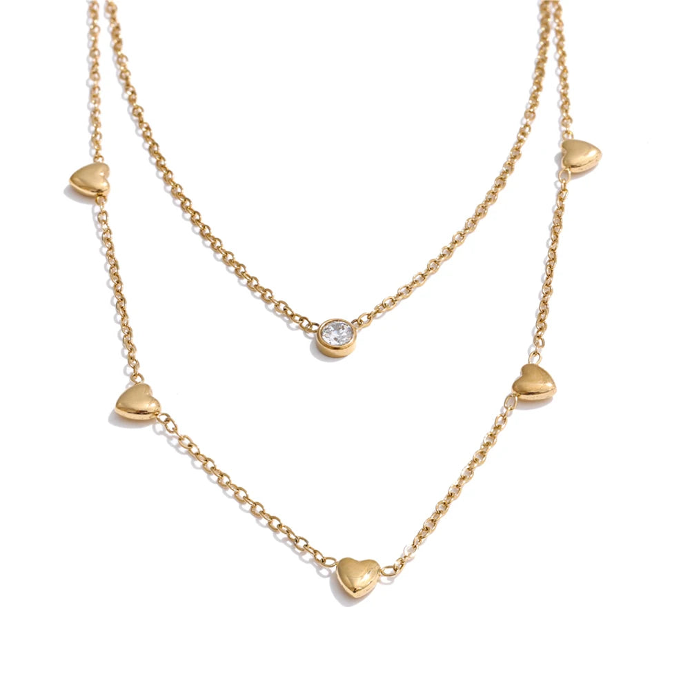Colar Feminino de Camadas Coração com Zircônia em Aço Inoxidável Ouro