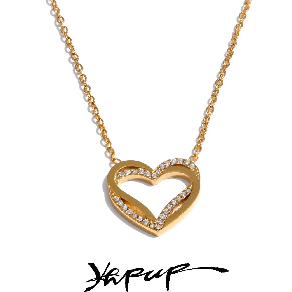Yhpup Fashion Stainless Steel Zirconia Heart Love Hollow Pendant Necklace for Women Exquisite Romantic Jewelry Girlfriend Gift