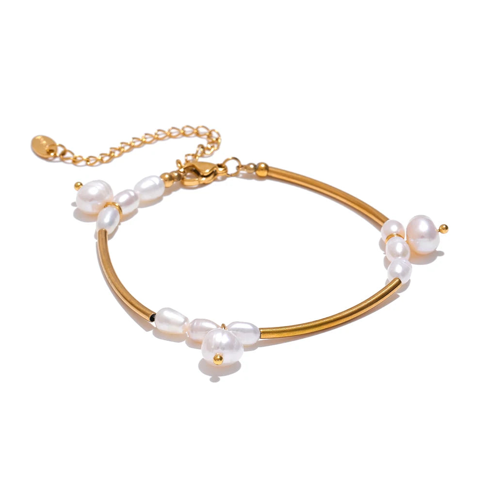 Yhpup Natural Freshwater Pearls Stainless Steel Pipe Handmade Necklace Bracelet Gold Color PVD Plated Fashion Jewelry Bijoux YH3661A Bracelet