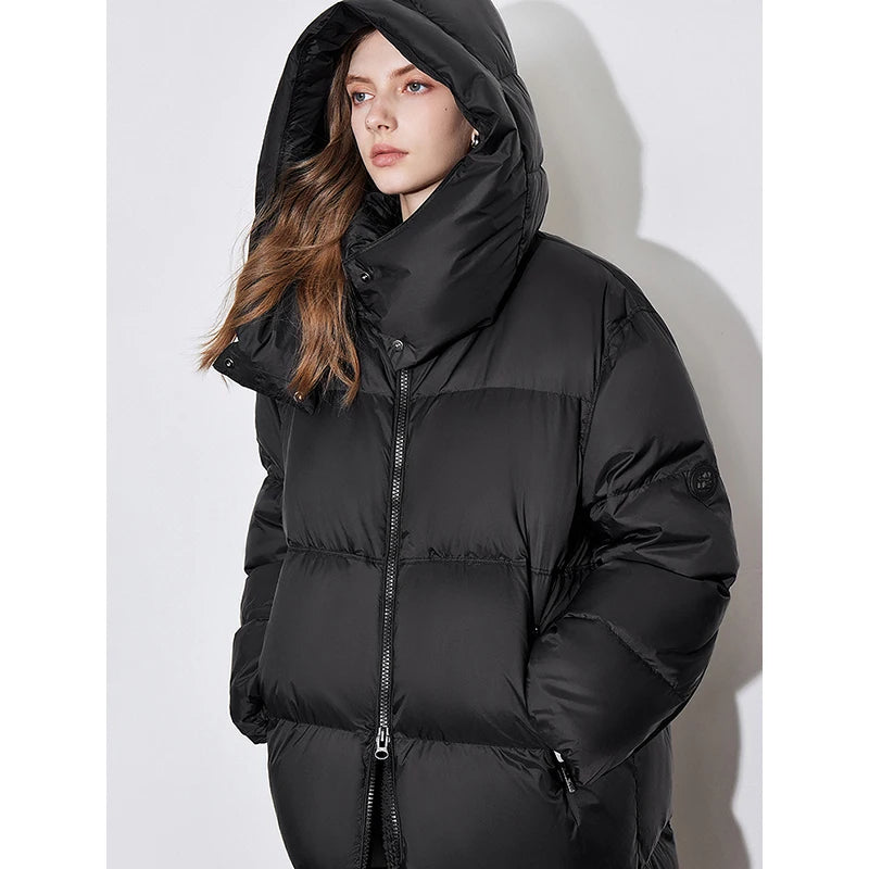 Casaco Puffer Feminino Midi com Capuz 90% Plumas