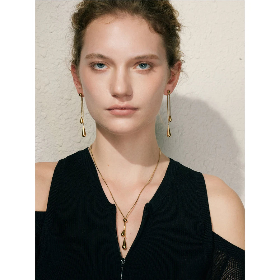 Yhpup Exquisite Stainless Steel Handmade Polished Chain Chest Necklace Water Drop Dangle Fashion Earrings Women Charm Jewelry